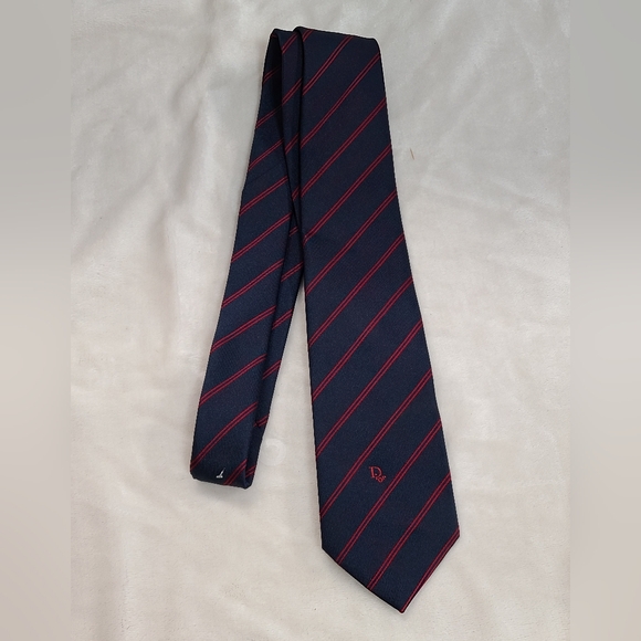 Vintage Christian Dior Navy & Red Striped Logo Tie - Picture 1 of 4
